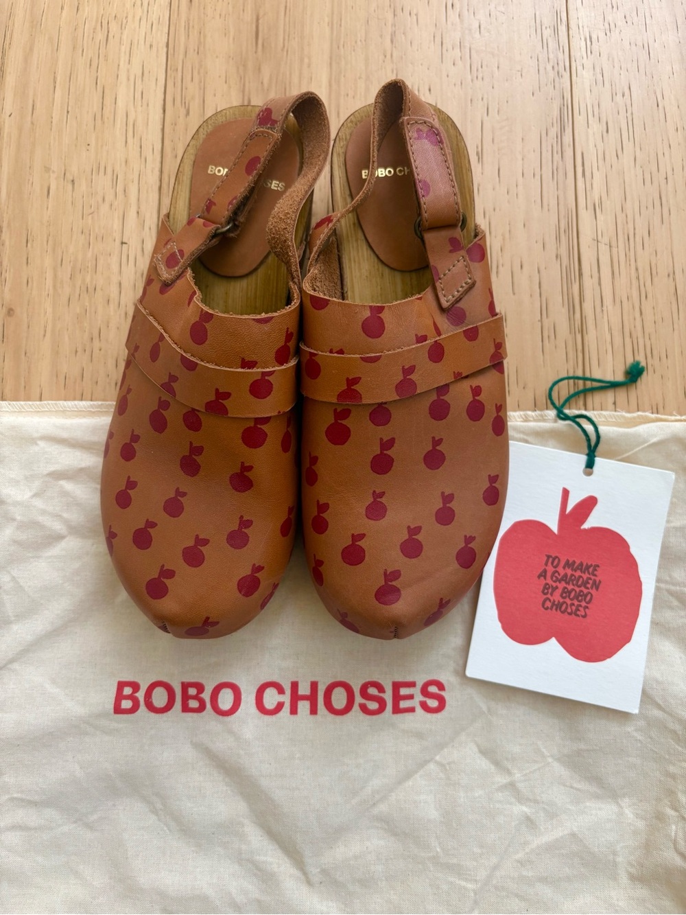 Bobo Choses Tan Clogs with Red Apple Print